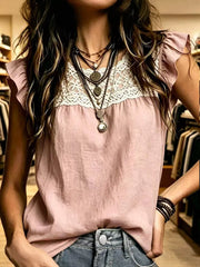 Lace Trim Ruffle Sleeve Blouse Plus Size in Pink, back view
