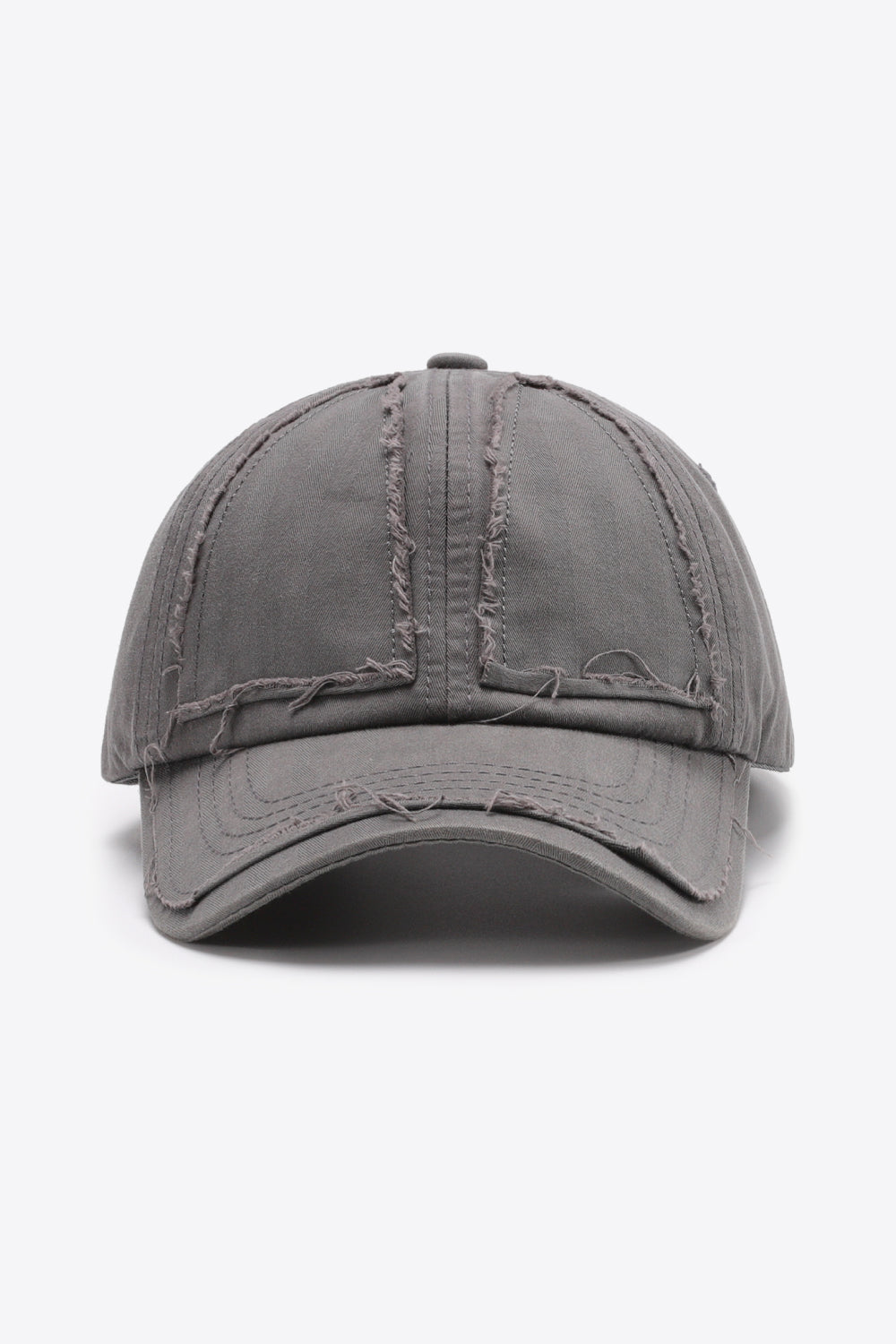 Mid Gray baseball cap with raw edge denim details and distressed accents.