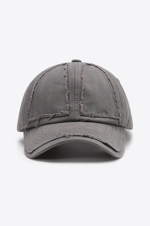Mid Gray baseball cap with raw edge denim details and distressed accents.