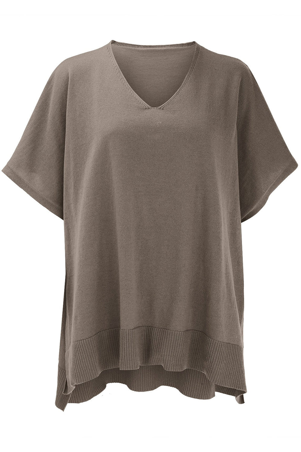 Relaxed V-neck knit poncho top in brown with short sleeves and ribbed hem.