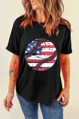 Black baseball graphic tee with distressed American flag baseball design