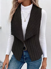 Black textured teddy collarless vest with ribbed knit detail and open front.