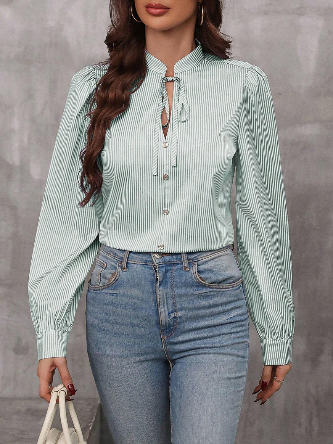 Light green striped blouse with puffed sleeves and keyhole tie neck