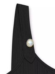 Black ribbed scoop tank top with pearl button detail