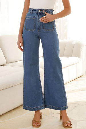 Sailor-inspired wide-leg denim trousers in medium wash with large front patch pockets.