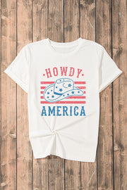White graphic tee with Howdy America cowboy hat and flag design