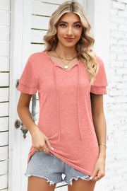 Flutter sleeve henley tee in watermelon pink with tie neckline and layered sleeves.