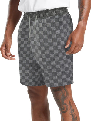 Men's dark gray checkered chino shorts with drawstring waist and textured fabric.