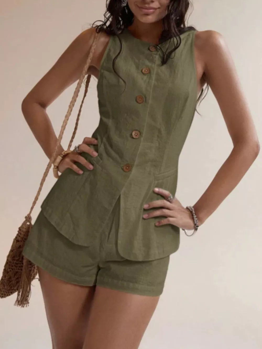 Army green cotton two-piece set with decorative buttons, sleeveless top and shorts.