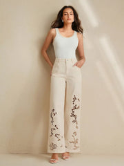 Embroidered Cutout Wide-leg Jeans