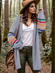 Heather gray knit duster cardigan with rainbow striped sleeves