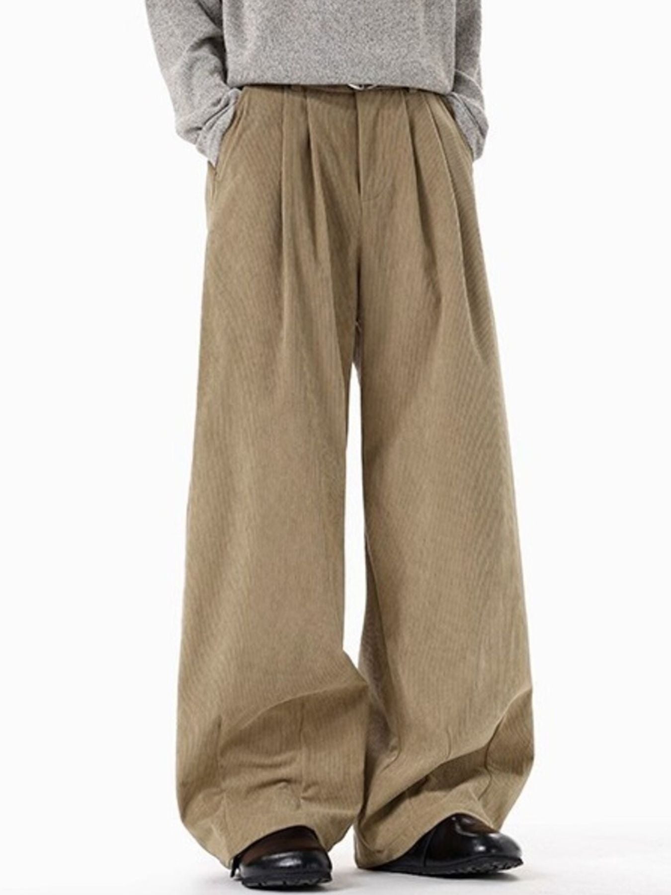 Men's khaki wide leg pleated corduroy trousers with pockets