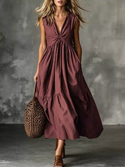 Twisted V-neck Midi Dress With Pockets