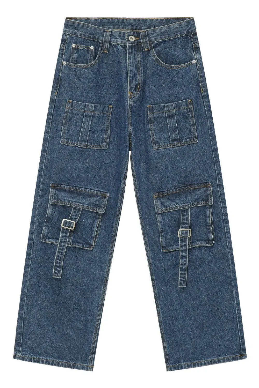 Medium wash denim cargo pants with buckle flap pockets and wide leg cut.