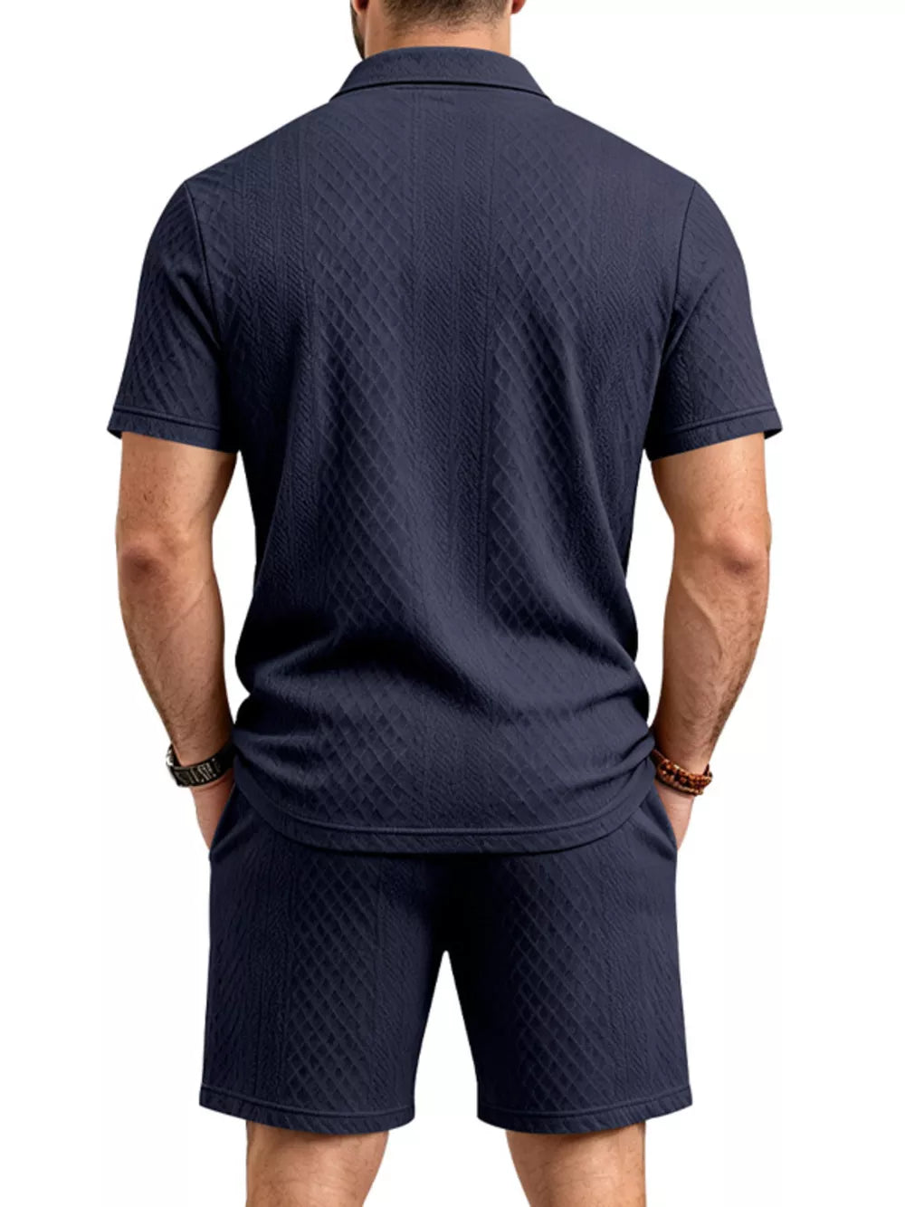 Men's Textured Short Sleeve Polo & Shorts Set in Dark Gray, side view