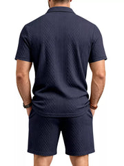 Men's Textured Short Sleeve Polo & Shorts Set in Dark Gray, side view