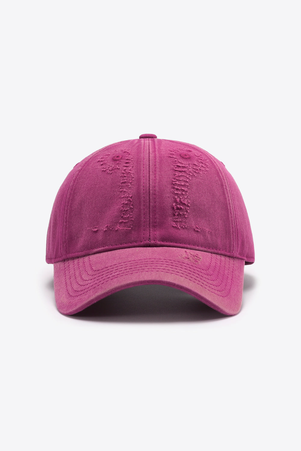 Cerise distressed baseball cap with embroidered detail and curved brim