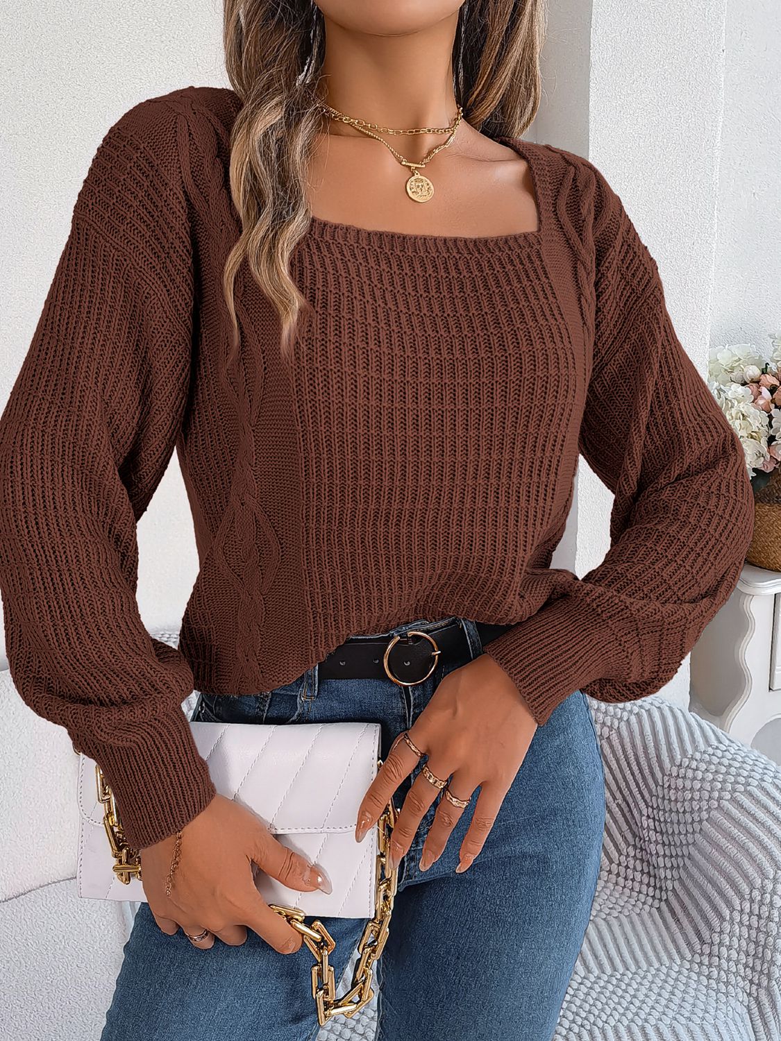 Chocolate acrylic cable-knit sweater with square neckline and balloon sleeves