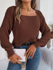 Chocolate acrylic cable-knit sweater with square neckline and balloon sleeves