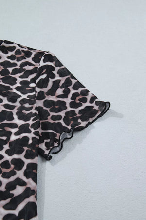 Sheer mesh t-shirt with leopard print and lettuce edge sleeves.