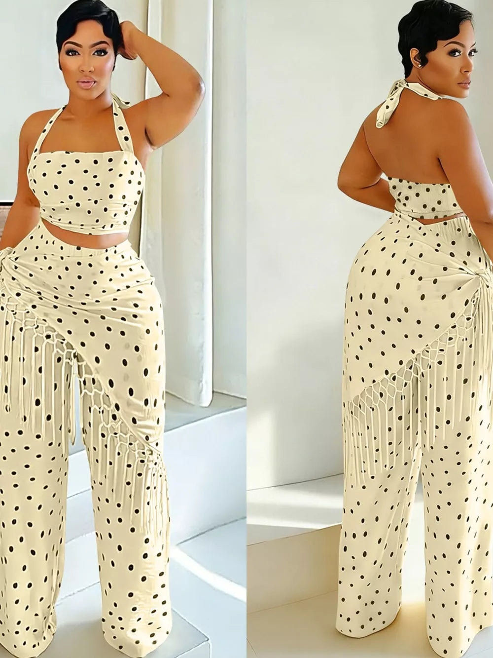 Cream polka dot cami and fringe pant set with halter neckline