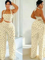 Cream polka dot cami and fringe pant set with halter neckline