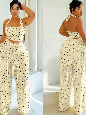 Cream polka dot cami and fringe pant set with halter neckline