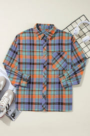 Oversized plaid shacket with button-down collar in orange and purple check.