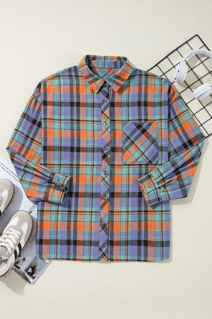 Oversized plaid shacket with button-down collar in orange and purple check.