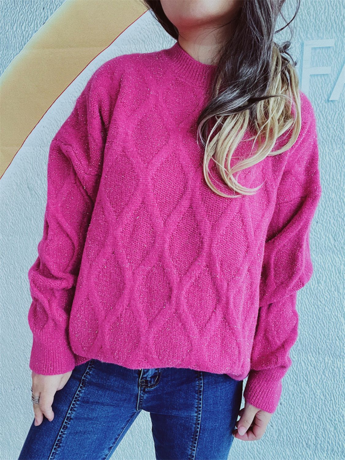 Hot Pink sparkle knit sweater with diamond pattern and relaxed fit.