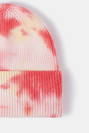 Ribbed knit beanie with pink and yellow tie-dye pattern