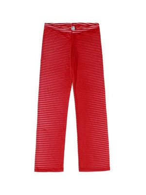 Red sheer flare trousers with horizontal stripes and a comfortable elastic waistband.