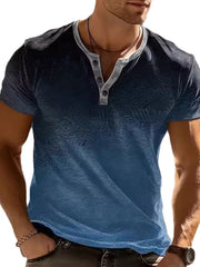 Blue ombre henley shirt with textured print and buttoned neckline.
