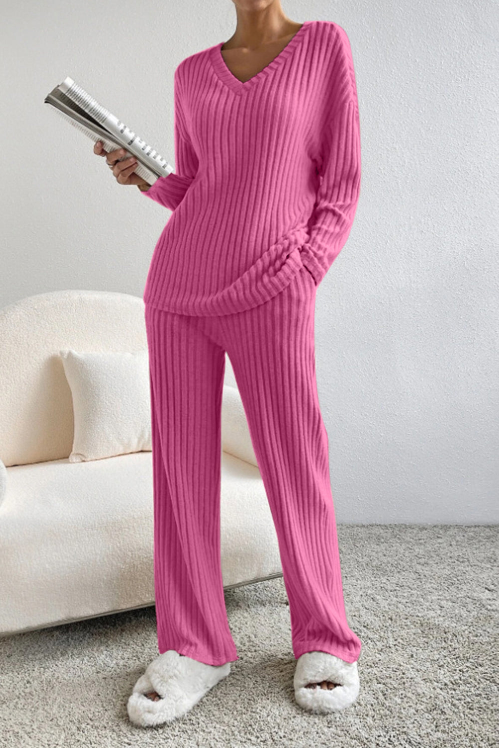 Hot Pink ribbed knit lounge set with V-neck top and wide-leg pants.