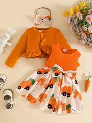 Orange baby set with ruffled cardigan and carrot and bunny print dress with bow detail
