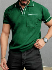 Green knit polo shirt with contrast trim and chest pocket