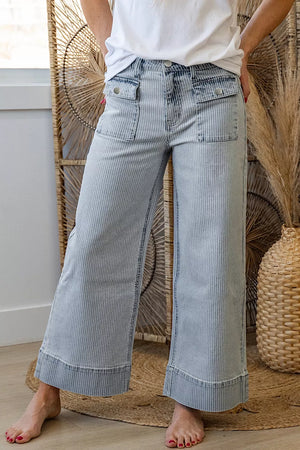 Striped Wide-leg Cropped Jeans in Light Blue, back view