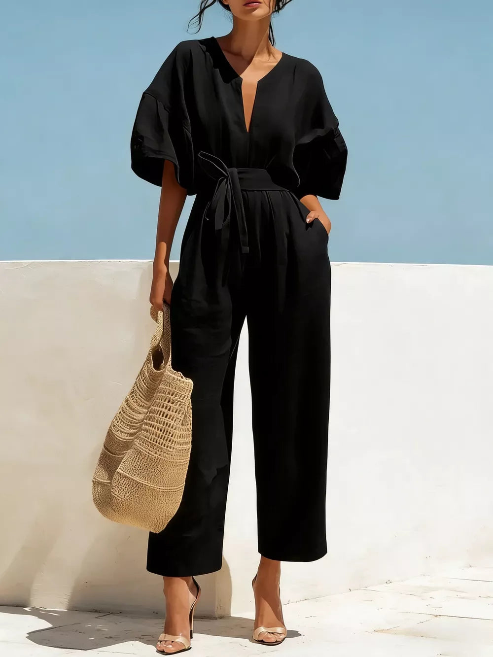 Tie Waist Wide Leg Jumpsuit, alternate angle