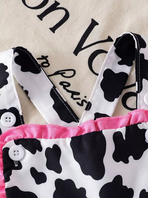 Children's Cow Print Ruffle Jumpsuit in Brown And White, close-up detail