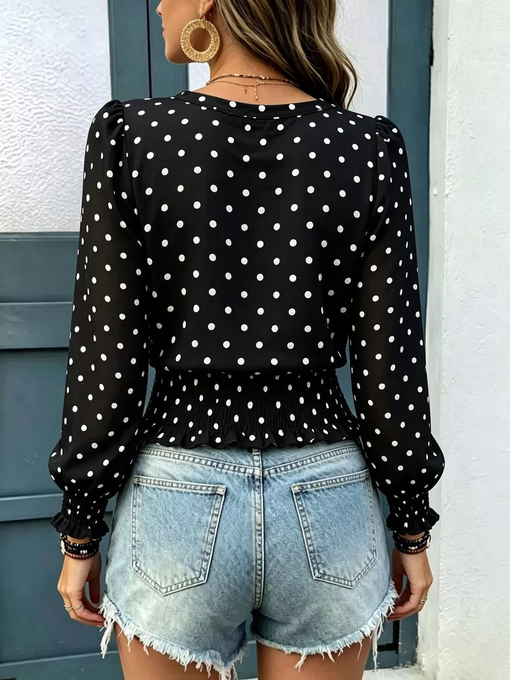 Polka Dot V-neck Smocked Blouse, alternate angle
