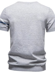 Light gray cotton t-shirt with blue and white striped sleeves.