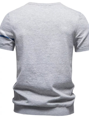 Light gray cotton t-shirt with blue and white striped sleeves.