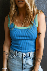 Ribbed tank top in Sky Blue with contrast trim, scoop neck, and a cropped fit.