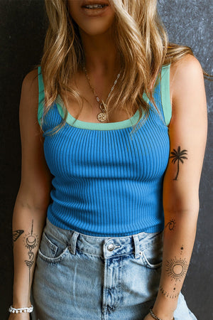 Ribbed tank top in Sky Blue with contrast trim, scoop neck, and a cropped fit.