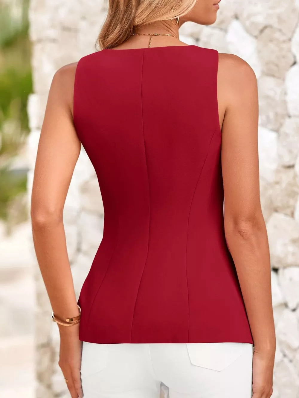 Red tailored square neck button-up tank top with a fitted silhouette.