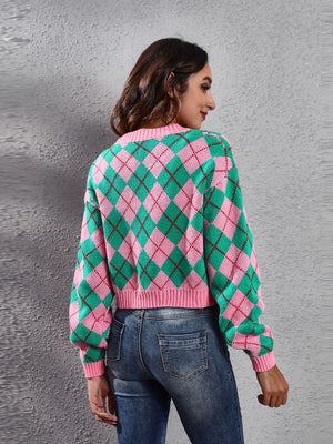 Argyle cropped cardigan in pink and lime green with button front and ribbed trim.