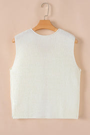 Beige textured knit tank top with crew neck and sleeveless design.