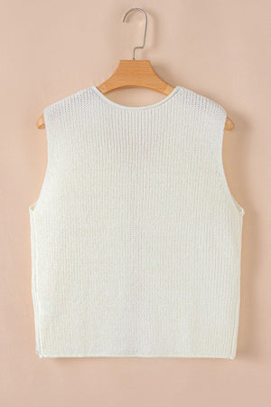Beige textured knit tank top with crew neck and sleeveless design.