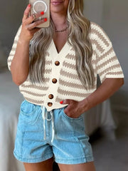 Cropped knit cardigan with beige and white stripes, V-neck, short sleeves, and button-down front.