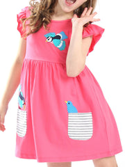 Strawberry cotton dress with ruffle sleeves, bird appliques, and striped pockets.